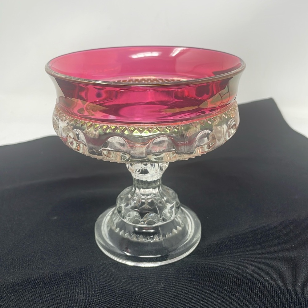 INDIANA GLASS Vintage Kings Crown Ruby Flash Thumbprint Compote